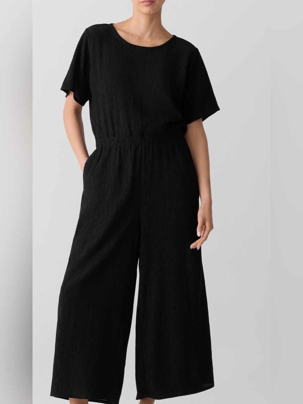 Eileen Fisher Black Wide-Leg Jumpsuit Woven Plissé Jumpsuit